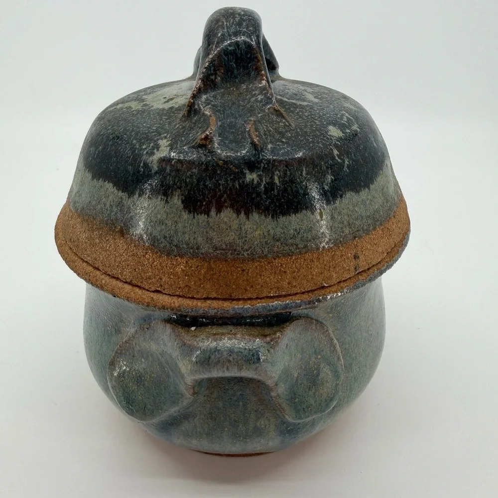 Vtg Studio Pottery Lidded Covered Bowl Handmade Blue Gray Art Pottery Signed
